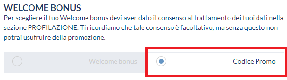 Codice promo Eurobet (Italia: campo facoltativo, non promozionale)